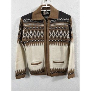 Vintage White Ram Sweater Mens Medium Brown Cream Zip Cardigan Grandpa 70s